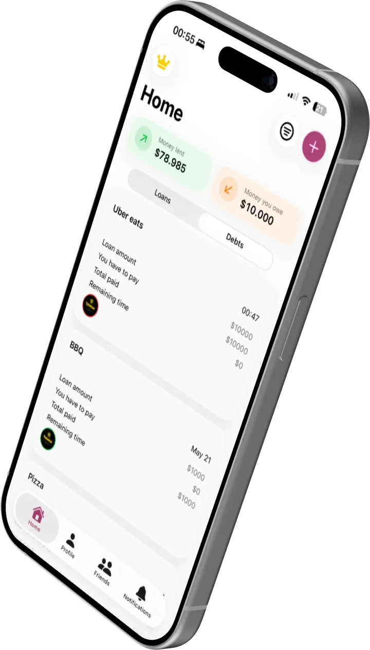 The Debts tab of the Prend home screen, showing an extra row for what you still have to pay