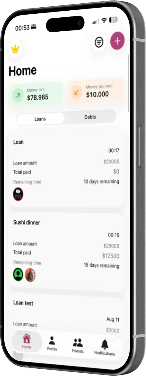 The Prend home screen, showing the totals for money lent and money owed above a list of loans