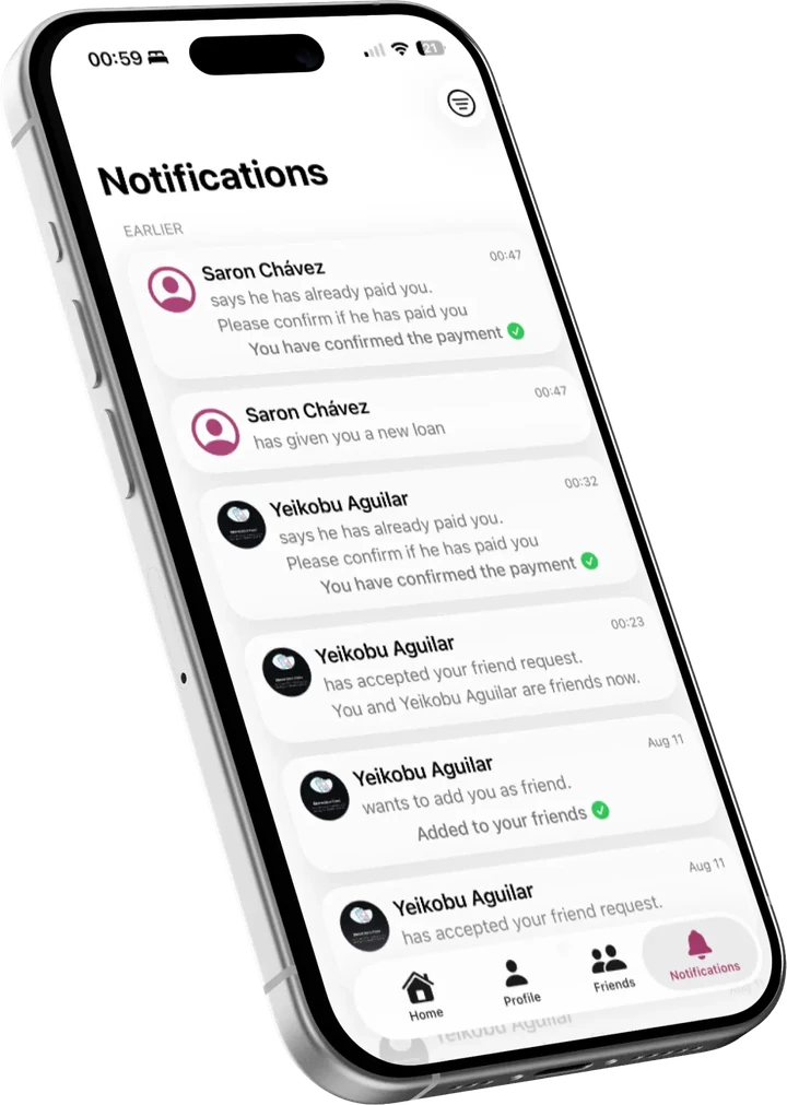 The Prend notifications screen, with a payment waiting to be confirmed